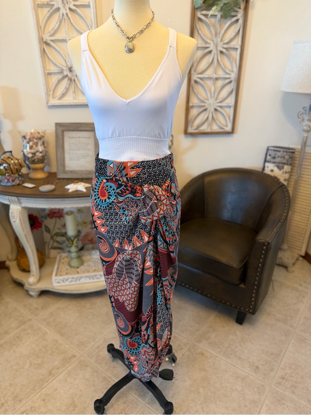 Maxi Skirt with Abstract Coral & Teal Print